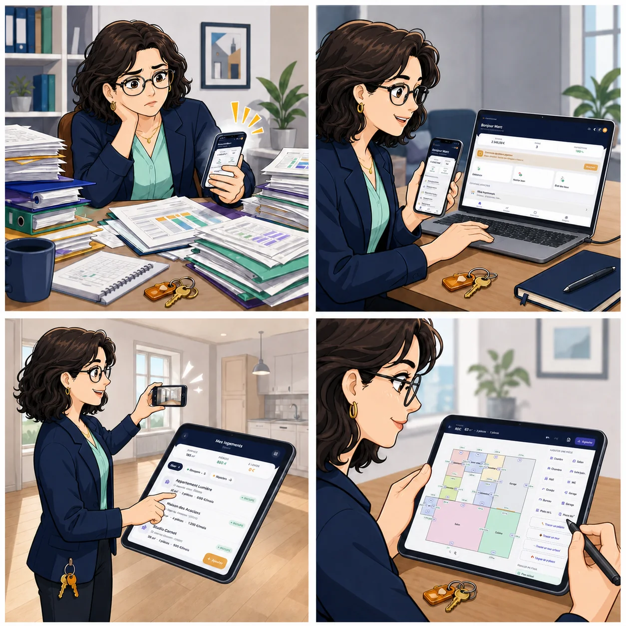 Camille découvre ADDA Bailleur sur téléphone, ordinateur et tablette