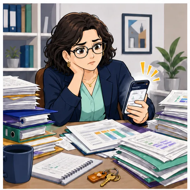 Camille, entourée de dossiers papier, découvre ADDA Bailleur sur son téléphone