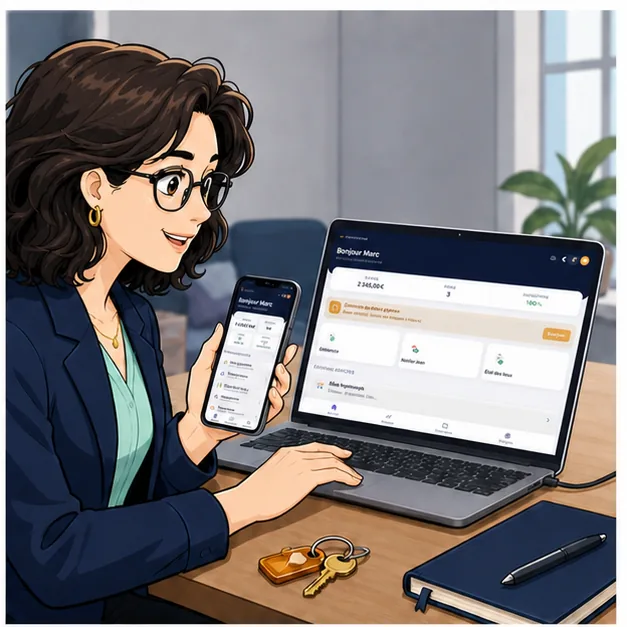 Camille consulte le véritable tableau de bord ADDA Bailleur sur téléphone et ordinateur