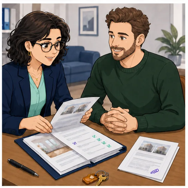Camille et Alex, un locataire européen, relisent ensemble un projet de bail