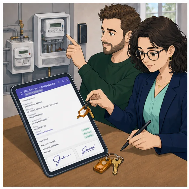 Camille et Alex relèvent les compteurs, comptent les clés et signent sur une tablette