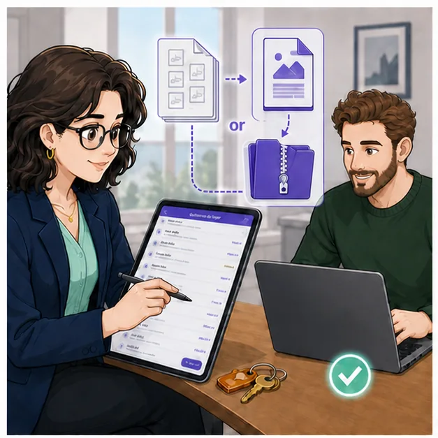 Camille choisit entre un PDF fusionné et un ZIP sur la tablette ADDA Bailleur, face à Alex et au capot graphite uni d’un ordinateur
