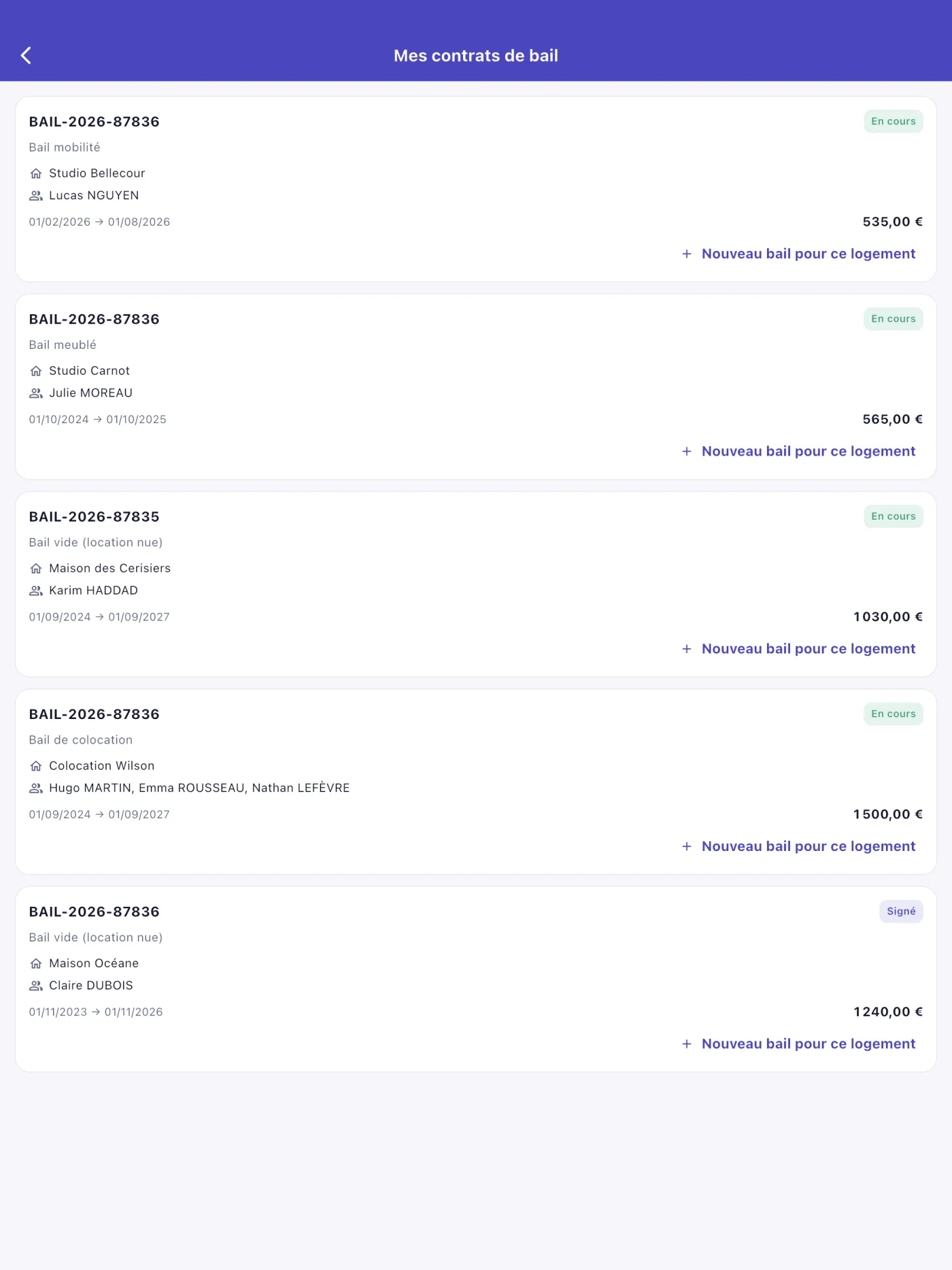 Liste fictive de contrats de bail dans ADDA Bailleur