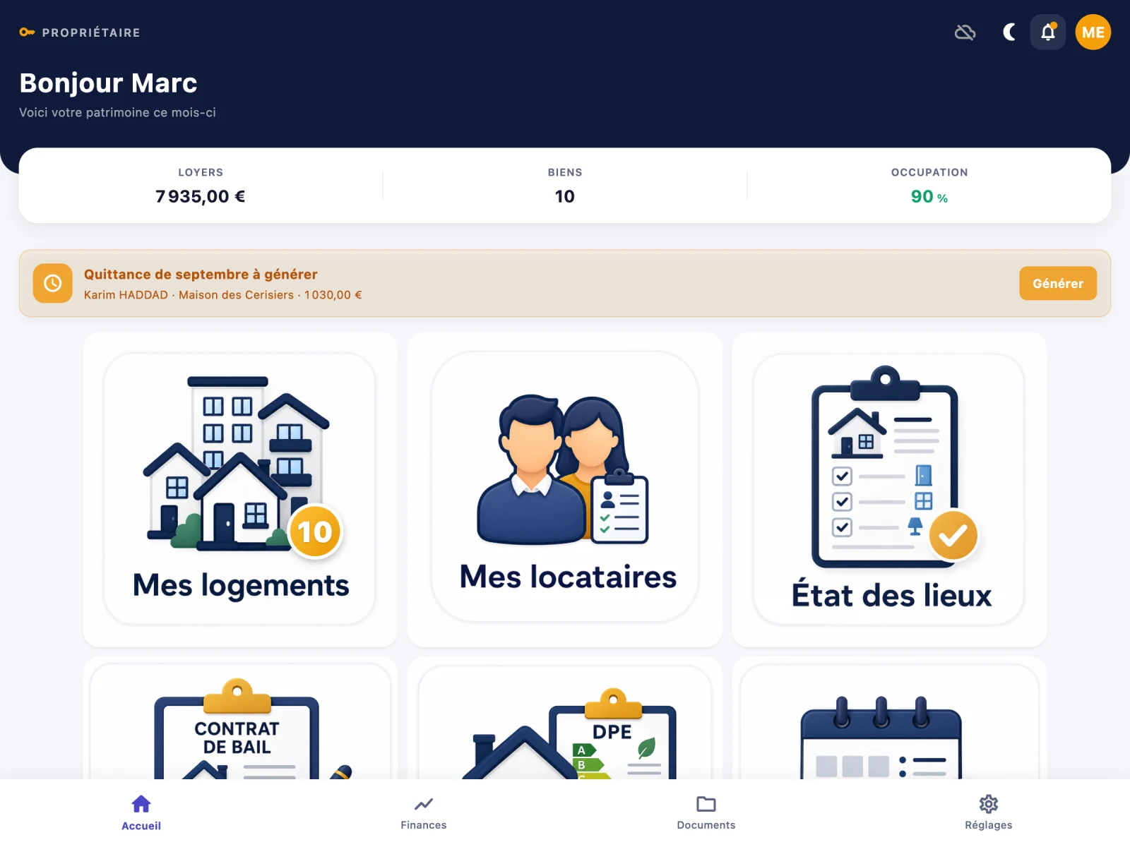 Tableau de bord de l'application ADDA Bailleur : loyers du mois, biens et actions à faire