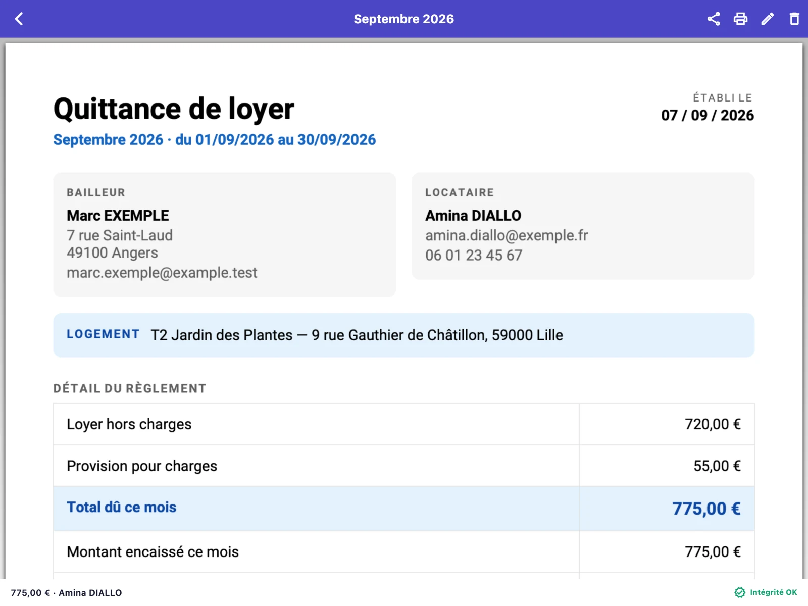 Aperçu d’une quittance PDF avec ventilation du loyer et des charges