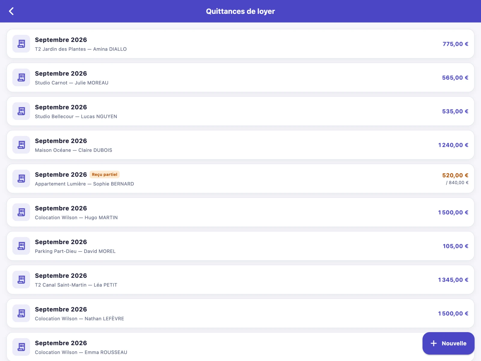 Liste des quittances de loyer dans le nouveau design ADDA Bailleur