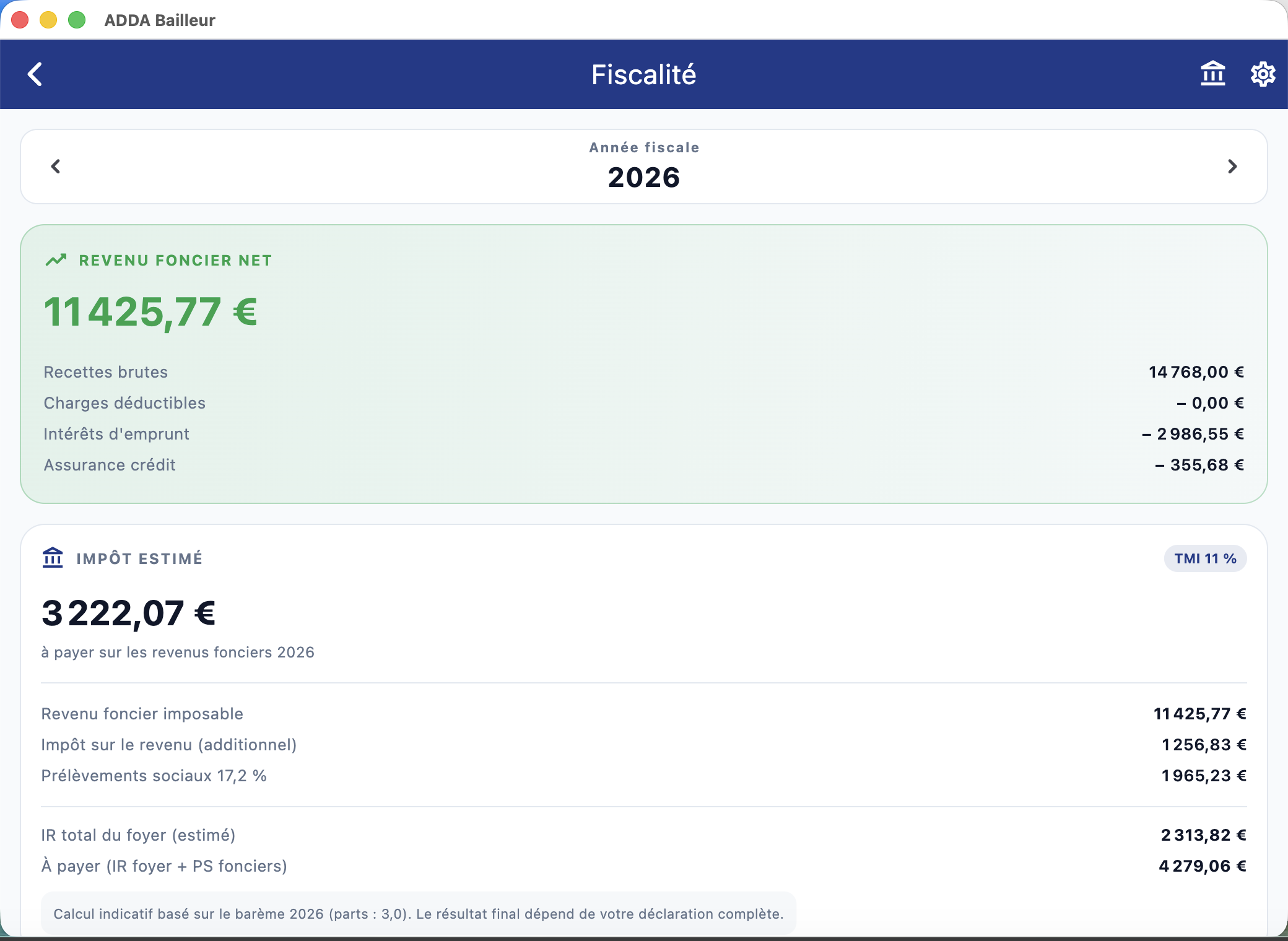 Écran fiscalité : revenu foncier net et impôt estimé